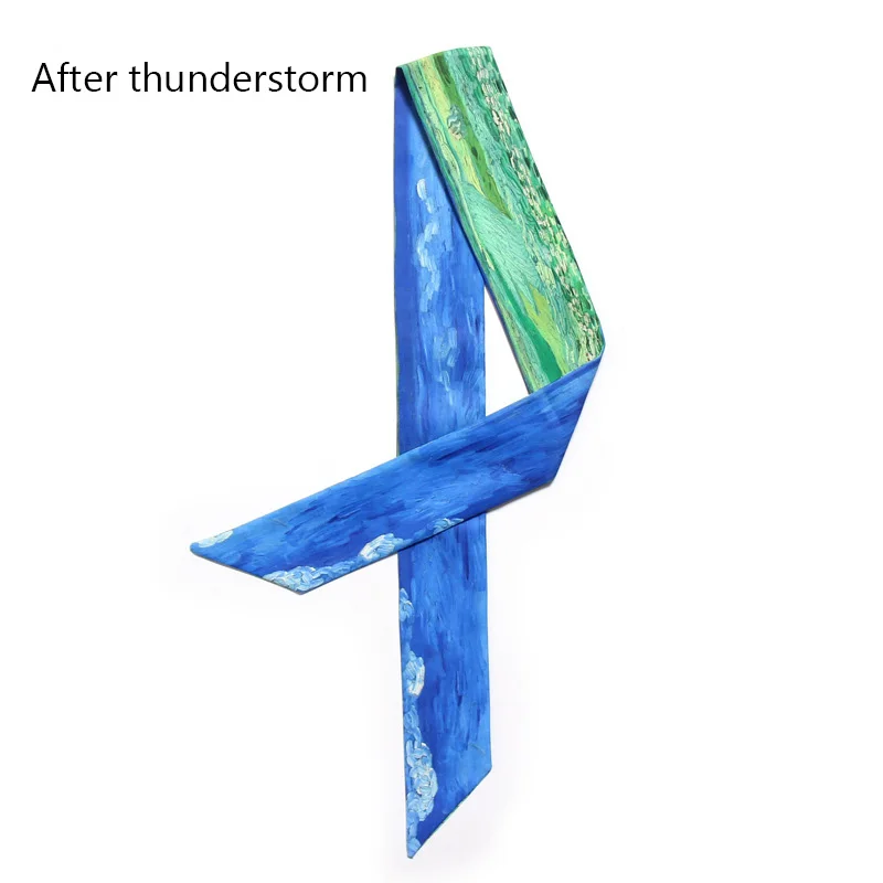 11 AfterThunderstorm Роскошный бренд тощий саржевый Шелковый женский шарф Ван Гог Картина маслом звездное небо маленькая лента голова ручка для волос шарф мода - Цвет: 11 AfterThunderstorm