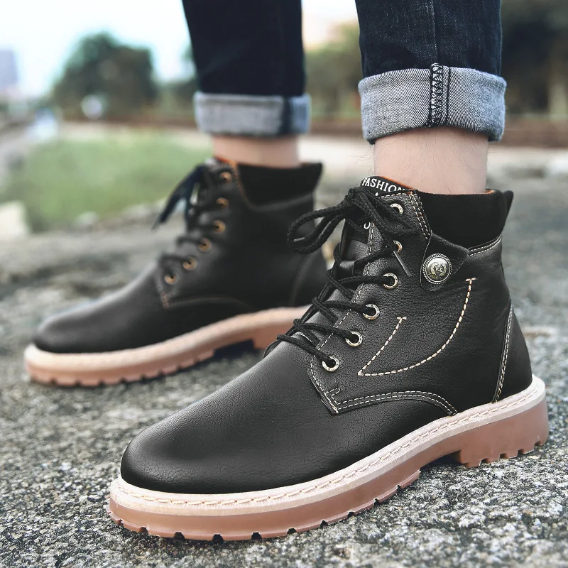 

Fashion Leisure Men Martin Boots Ankle Round Toe Low Punk Motorcycle Boots Sewing Solid Casual Lace up Outdoor Shoes