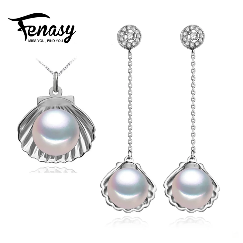 

FENASY 925 sterling silver jewelry sets new fashion shell shape stud earrings female natural pearl pendant necklace for women