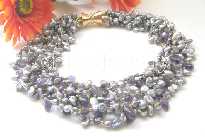 

HOT## Wholesale > 18" 6row 9mm gray baroque keshi reborn freshwater pearl & amethyst necklace