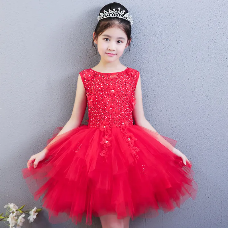 Изготовленное на заказ роскошное серое платье для торжеств детское бальное платье для дня рождения, свадьбы, вечеринки платья для девочек, украшенные кристаллами, с цветочным узором, с длинным шлейфом - Цвет: short red dress