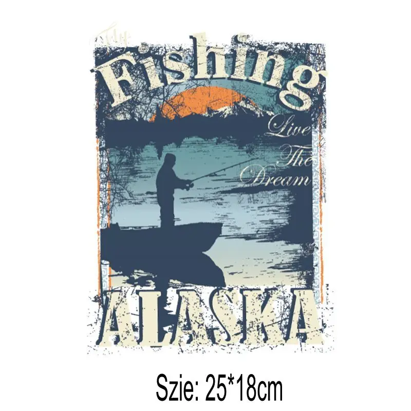 

25x18cm Fishing Parches Iron On Stickers Washable Appliques A-level Patches Heat Transfer For DIY Accessory Clothes Bag