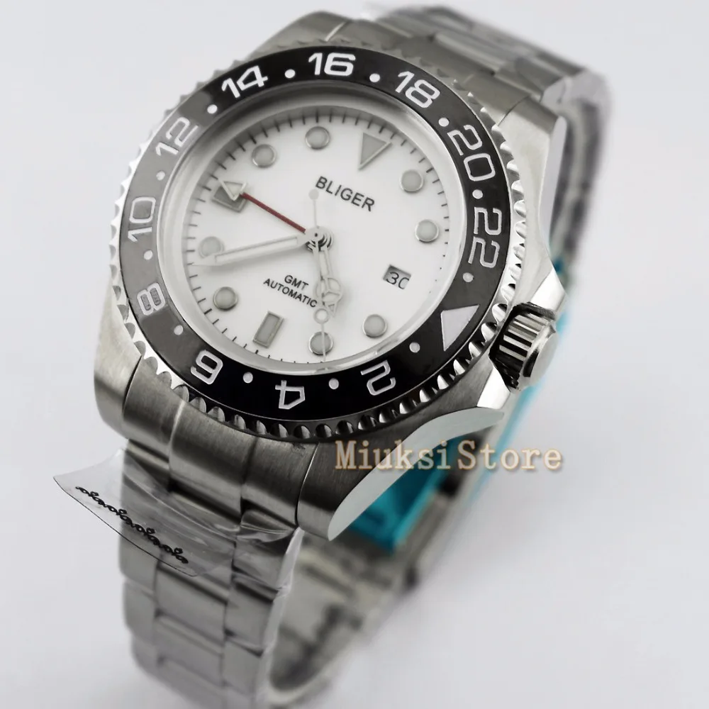 

Bliger 43mm white Ceramic Bezel Luminous GMT Date Automatic Men's Watch Date&day Classique Relogio Feminino Blanc Femmes Dames
