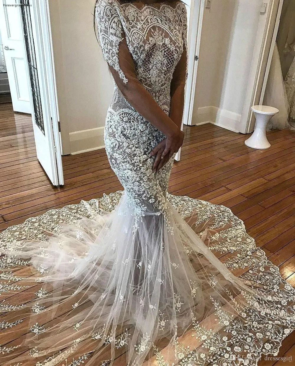 Gorgeous 2018 Off Shoulder Wedding Dresses Appliques Long Sleeves See Through Dress For Brides Lace Illusion Bridal Gowns BA8573  188 (1)