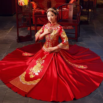 

Bride Modern Cheongsam Chinese Traditional Dress Wedding Qipao Su Embroidery Dress Robe Chinoise Oriental Style Evening Gown