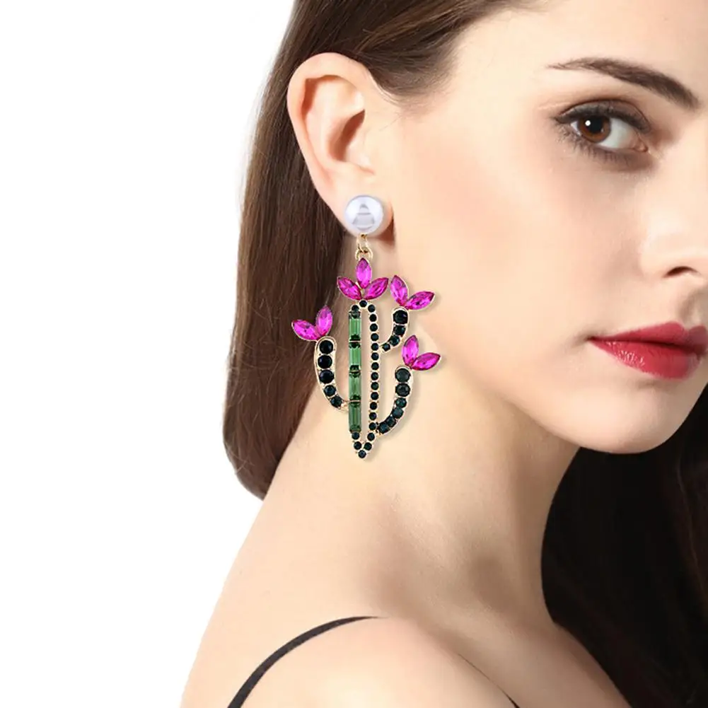 

Sweet Personality Women Colorful Rhinestone Cactus Faux Pearl Charm Statement Stud Earrings Gift