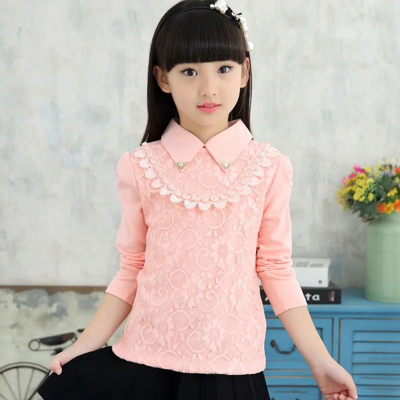 Брендовая дизайнерская детская одежда Блузка для девочек Осенняя блузка детские кружевные рубашки с отложным воротником для школы