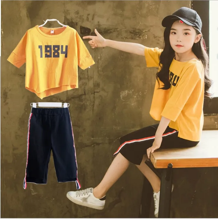 

New girl short sleeve letter design tee t shirts+ shorts kids teenage 6 8 10 12 14 girl summer sports clothing 2pcs set suit