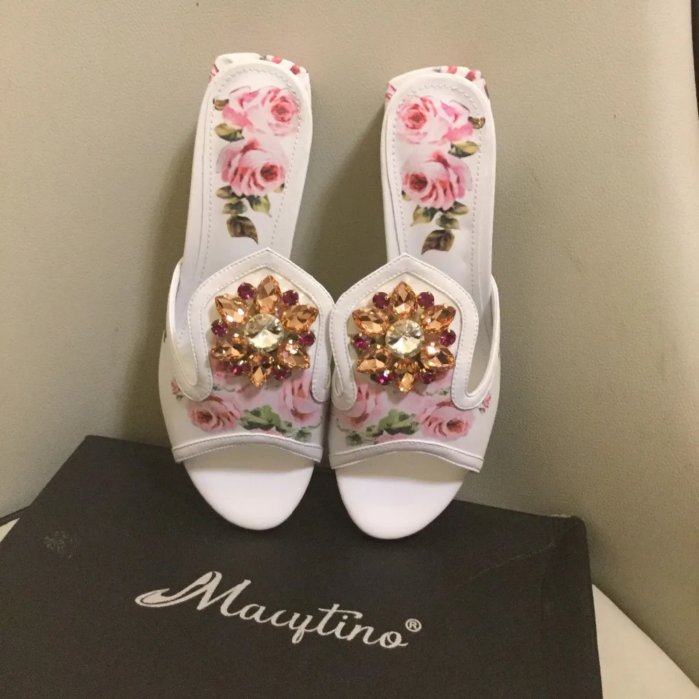 Newest Flower Printed Chunky Sandals Deep Toe Crystal High Heel Slipper Hot Sell Women Shoes Summer