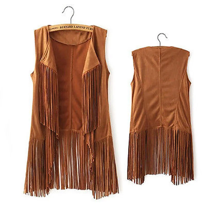 

Womens Boho Gothic Sleeveless Tassel Fringed Vest Coat Lapel Jacket Waistcoat
