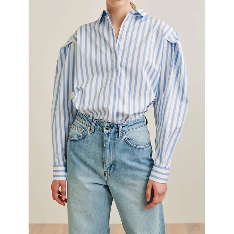 Longue Striped Épaules Top Blue Sur Détails Chemise Les Volumineux Logo Brodé Chemises Priola Manches Bleu Poignets Femme Blanc Bande Plissée wHPTTgqI