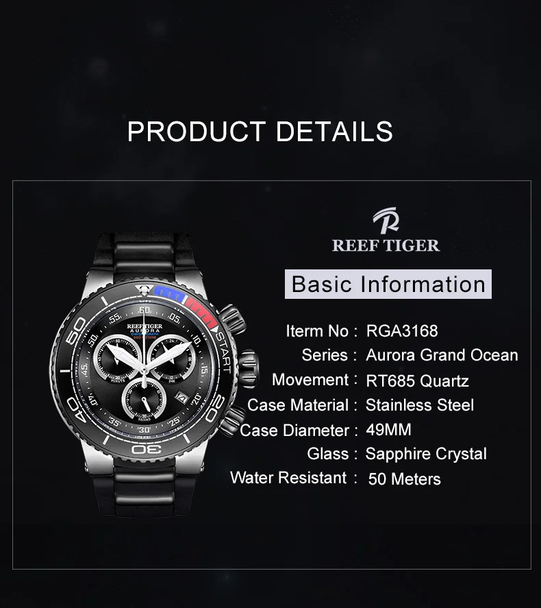 Риф Тигр Аврора Serier RGA3168 мужские многофункциональные спортивные водонепроницаемые из нержавеющей стали модные военные кварцевые наручные часы-серебро