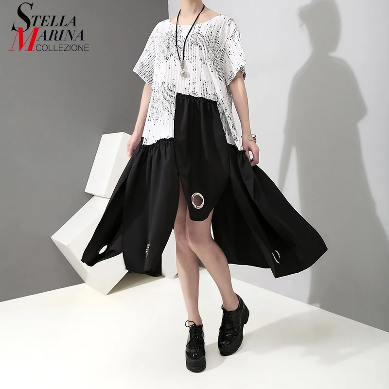 New 2019 Summer Women Black Patchwork Dress Metal Holes Open Hem O Neck Ladies Casual Loose Style Tshirt Robe Femme 4986 | Женская