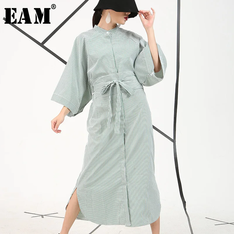 

[EAM] 2019 Autumn Winter New Fashion Loose Big Size Striped Tie Botton Half Sleeve Dress With Pockets Women 3 Colors AS11565