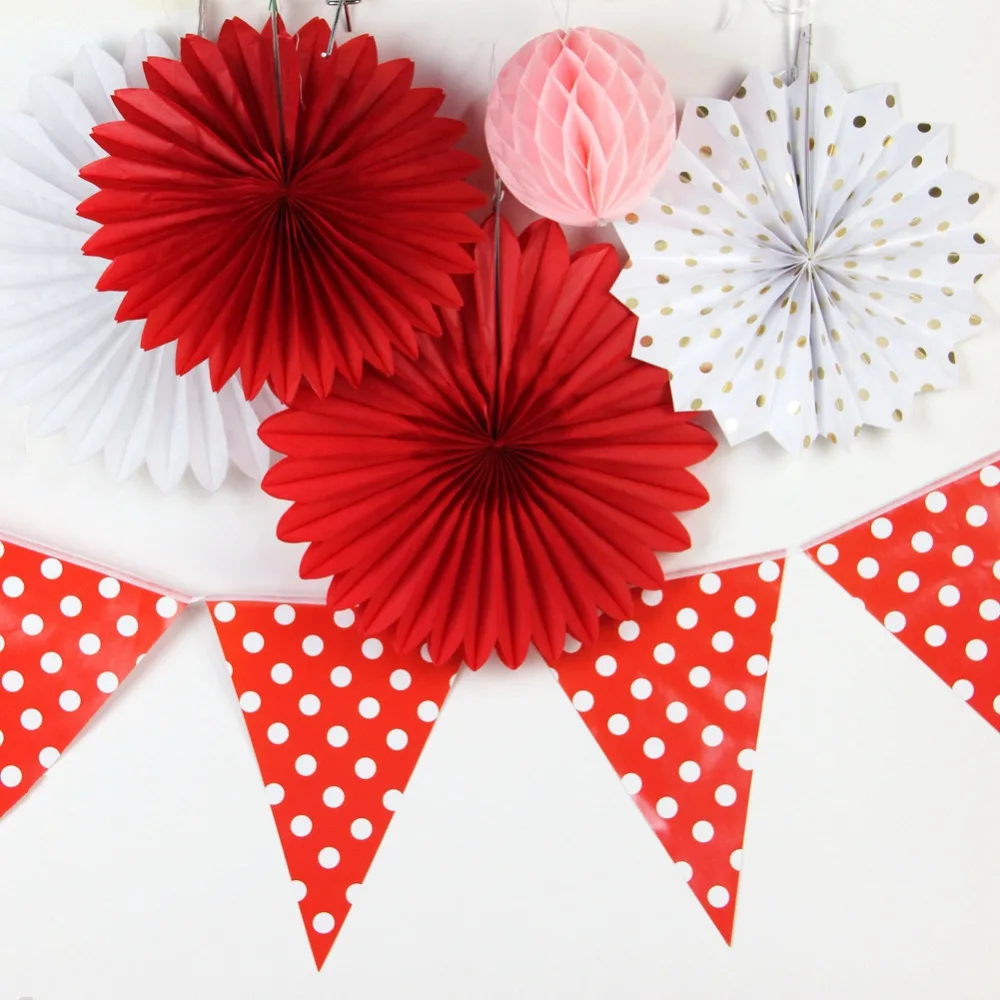 

6pcs Valentine Paper Decoration Kit Foiled Dots Paper Rosette Pennant Flag Banner Tissue Fans Wedding Shower Anniversary Decor