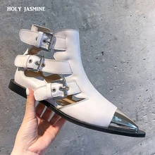 2019 spring autumn New black genuine leather Punk boots woman metal head flat sandals women pointed toe buckle strap rivet boots moraima snc spring autumn fashion women riding boots over the knee flat with fringe strap buckle decoration round toe long boots