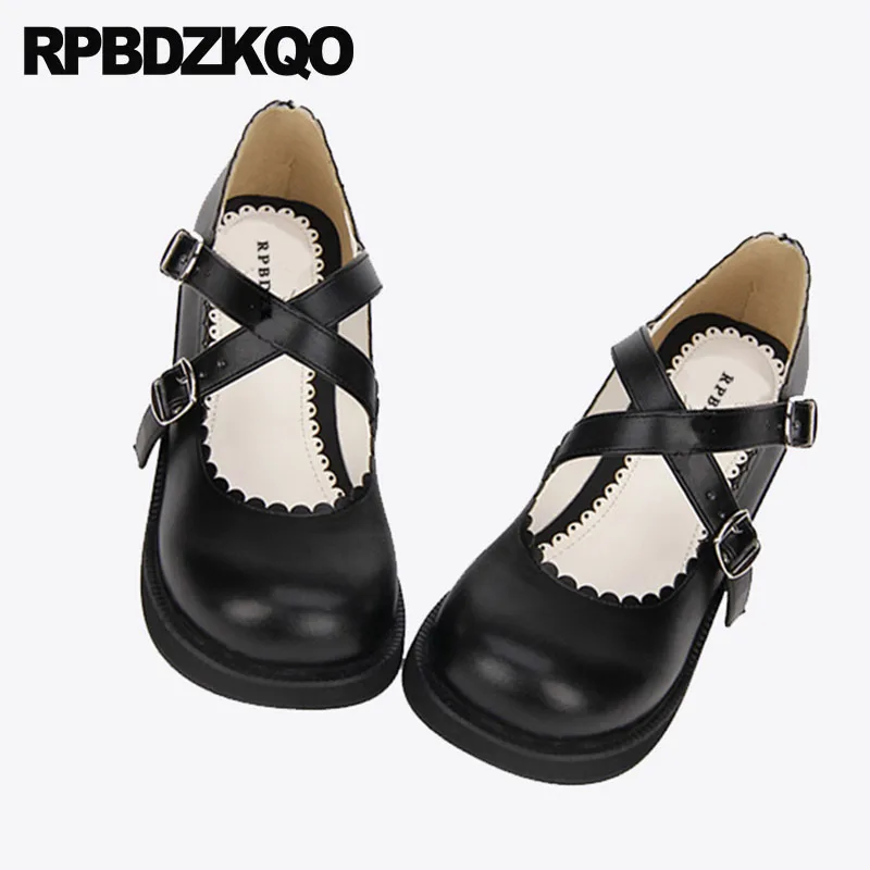 

Designer Black Round Toe Sweet Discount Kawaii Cute Japanese 2018 Medium Heels Thick Platform Lolita Shoes Cross Strap Women