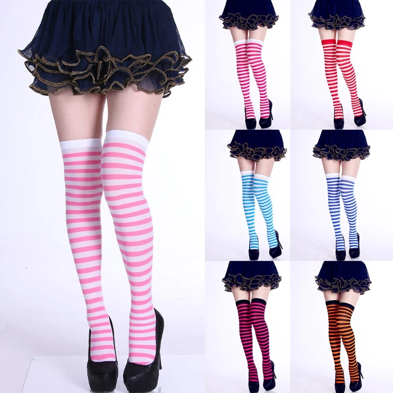 1 Pair Womens Long Striped Socks Contrast Color Thigh High Stockings Cosplay Halloween Socks Women Personality Long Socks