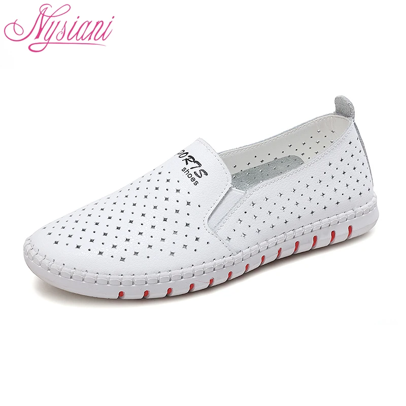 

2019 Split Leather Hollow Out Summer Women Flat Loafer Shoes Soft High Quality Fashion Casual Ladies White Sneakers Nysiani
