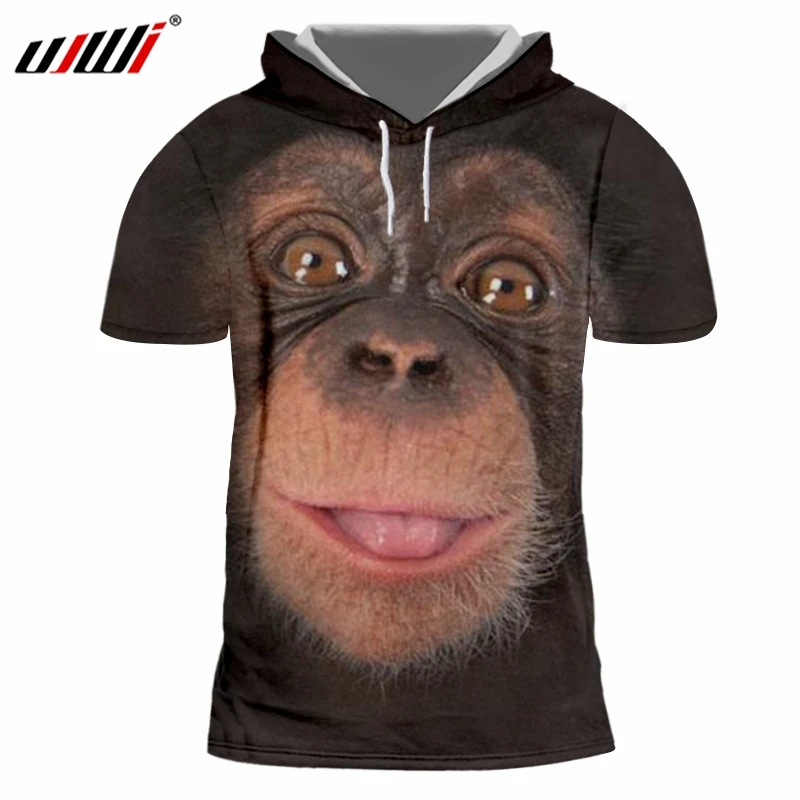 

UJWI Man New Funny Hooded Tshirt 3D Printed Black Big Eyes Animal Orangutan Best Selling Large Size 5XL Men's T shirt