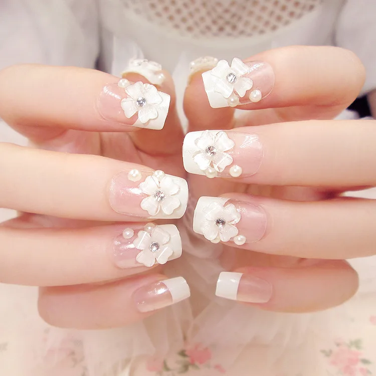 Elegant Shining Pearl Acrylic False Nails Crystal White Floral