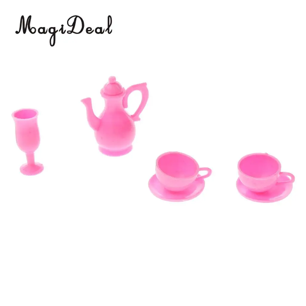 Set of Dollhouse Dining Room Tableware Teacups Dessert Plates Spatula for Dolls Home Decor Accessory Girl Kids Toys Pink