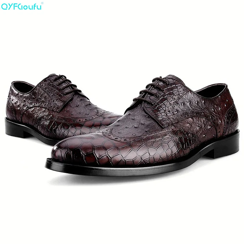 

QYFCIOUFU Genuine Leather Formal Crocodile Pattern Men Dress Shoes High Quality Italian Handmade Luxury Designers Vintage Shoes