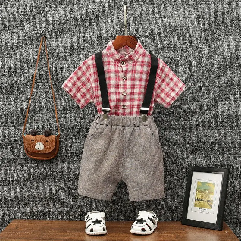 

kid clothes Summer boys clothes Short Sleeve Plaid Print Tops T-shirt+Strap Shorts Suspenders Fashion Clothing Sets 2019