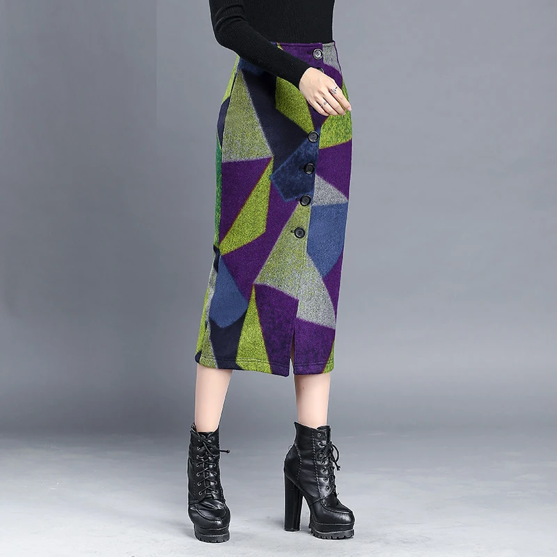 

Fall Winter Fashion Womens High Waisted Button Fly Slim Pencil Wool Colored Skirt , Autumn 4xl Placket Woolen Skirts For Woman