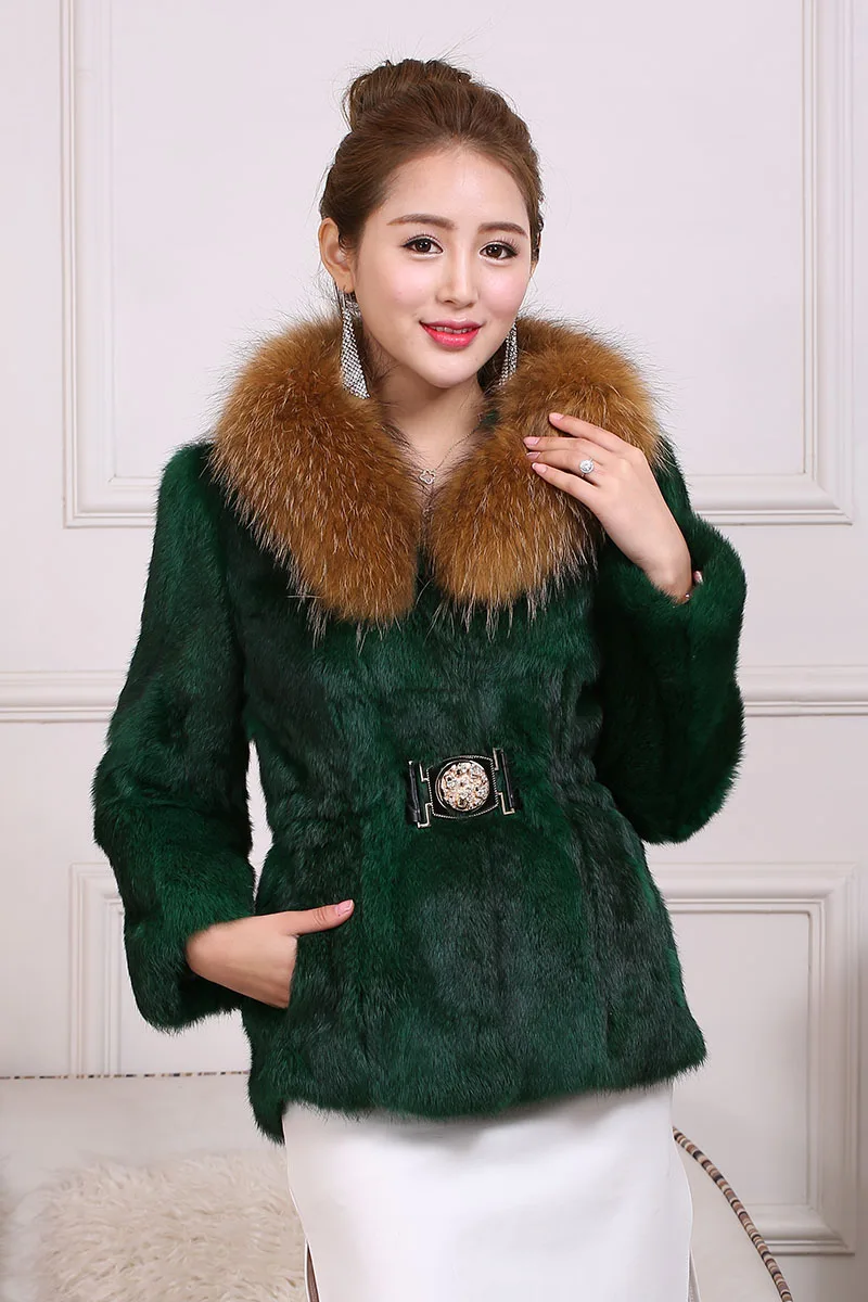 

Elegant natural raccoon dog fur collar full pelt real rabbit fur winter coat women stone button fur jacket outerwear plus size