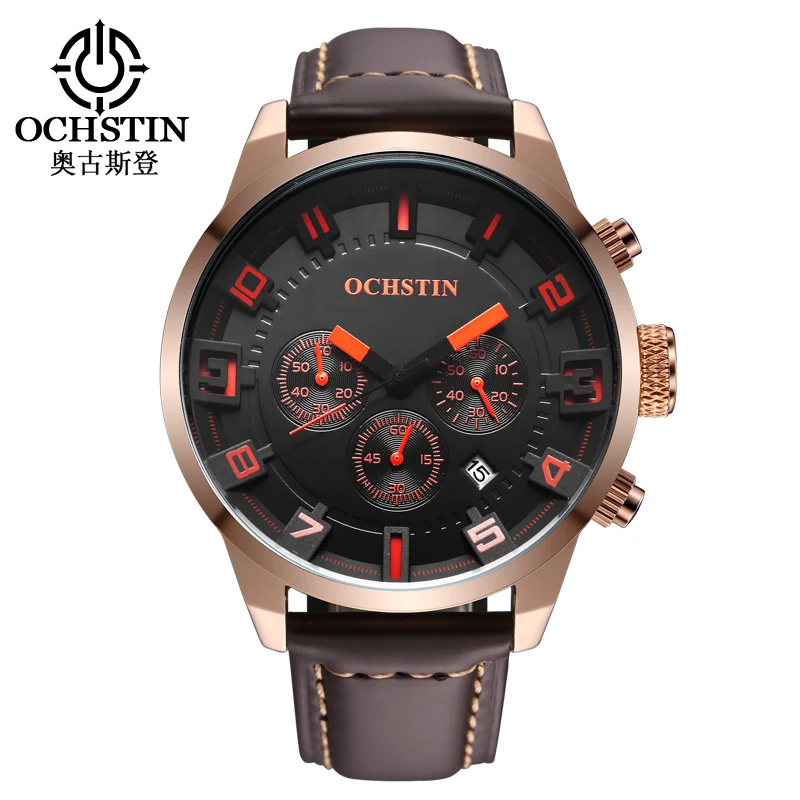 OCHSTIN Luxury Brand Quartz Watch Men Chronograph Military Sport Watch Genuine Leather Men's Wrist Watches relogio masculino