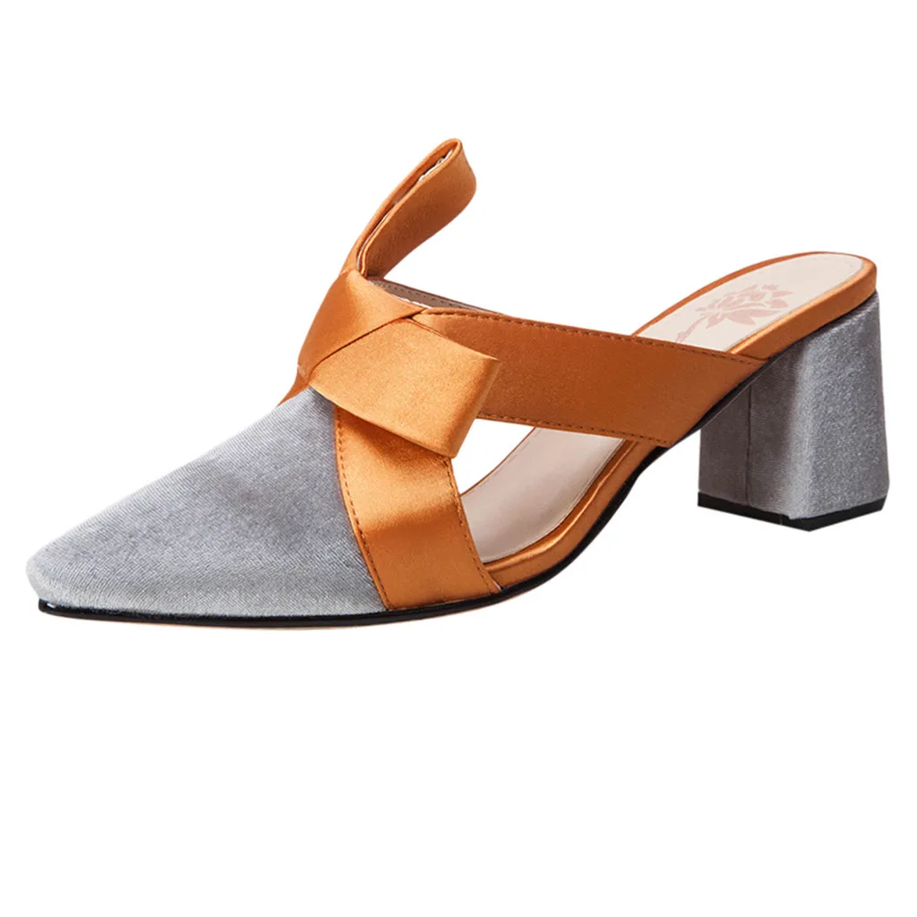 

Women's Fashion Flat-Bottomed Pointed Retro Bow Lazy Shoe Half Slippers Sandal Elegant soft Pointed Toe Square heel Sandal Apr 2