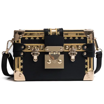 

Luxury Brand Women Metal Lock Messenger Bags Clutches Box Shape Patchwork Evening Party Bag Elegant Wedding Shoulder Bag Handbag