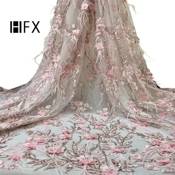 

HFX French Lace Fabric 2019 Feather Embroidery Wedding Dress Net Lace High Quality Pink 3d Appliques African Tulle Lace X1693