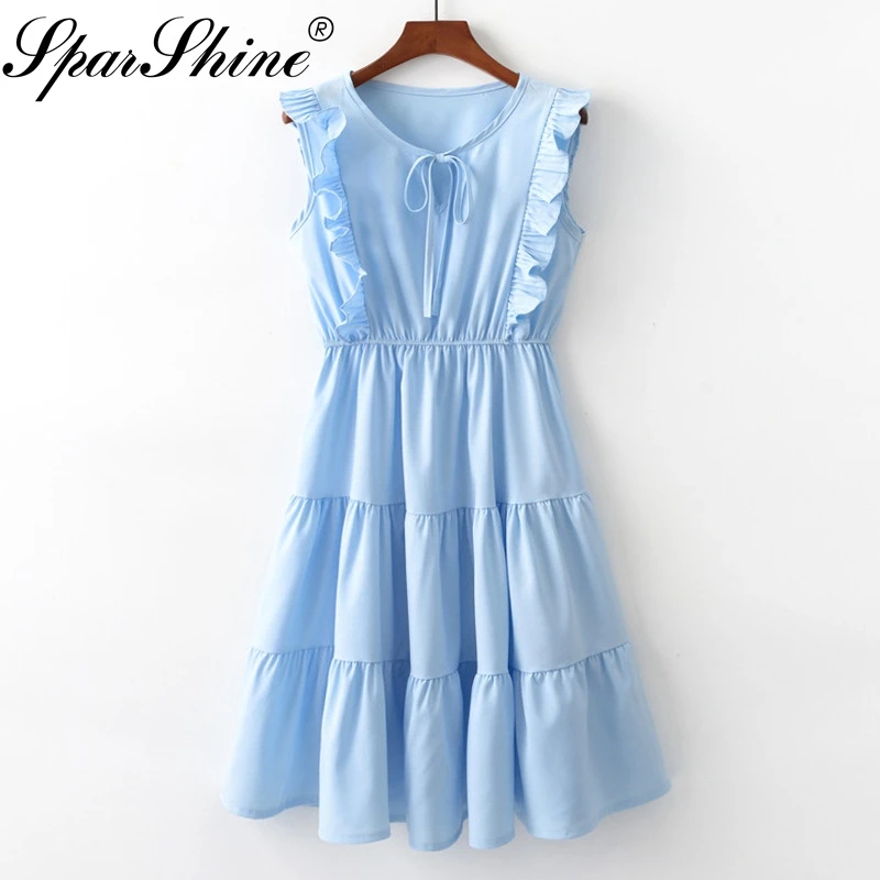 

2018 Summer Dress Women O Neck Casual Sleeveless Solid Color Dress Loose Party Vestidos Flounce Mujer Ruffled Tie Bow