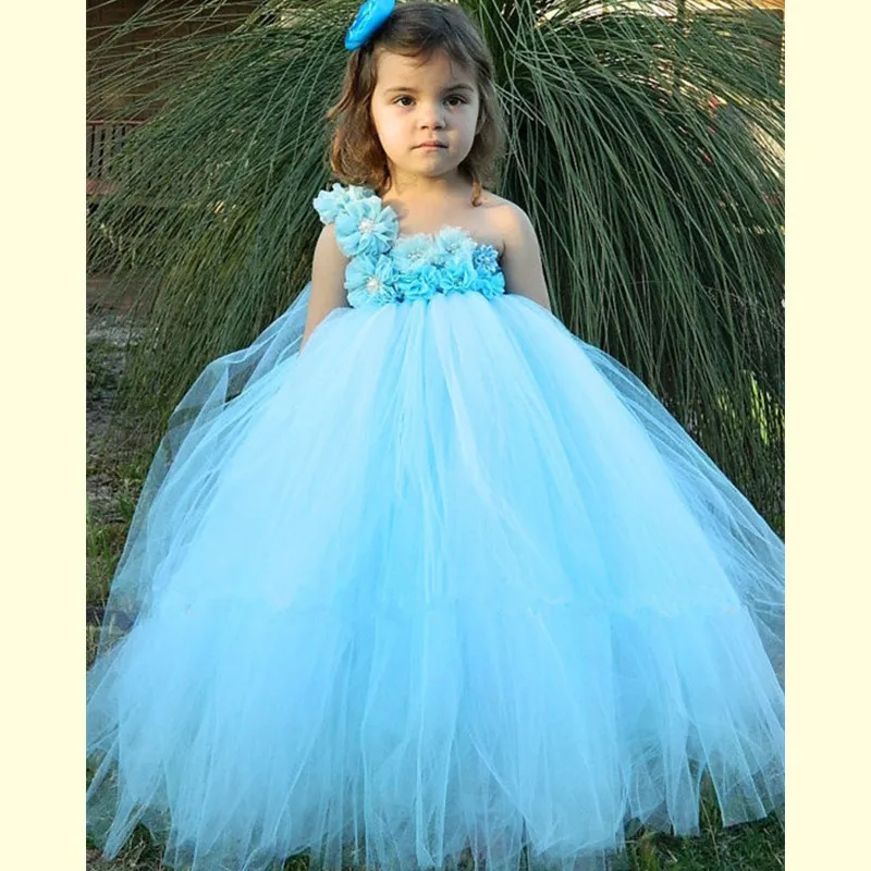 Lichtblauw Bloem Bruiloft Jurk Tule Tutu Jurk Baby Kids Pageant Party