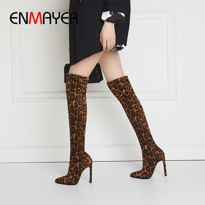 

ENMAYER Leopard Print Women's Boots Flock Over-the-Knee Slip-On Pointed Toe Woman Long Sock Boots Thin Heels Winter Boots