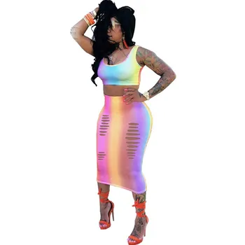 

Rainbow Two Piece Dresses Womens Sleeveless Tank Crop Top and Skirt Set Summer Party Bodycon Dress Hollow Out Sexy Midi Dresses