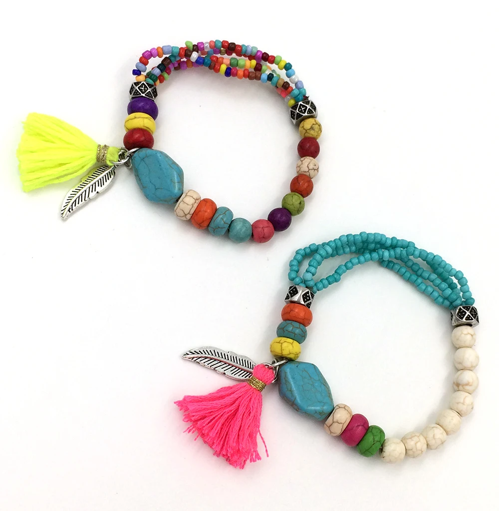 Bohemia European Friendship Bracelet Colorful Woven Seedbeeads Beaded Brackets Leaf Tassel Charms Multi Layer Bracelets