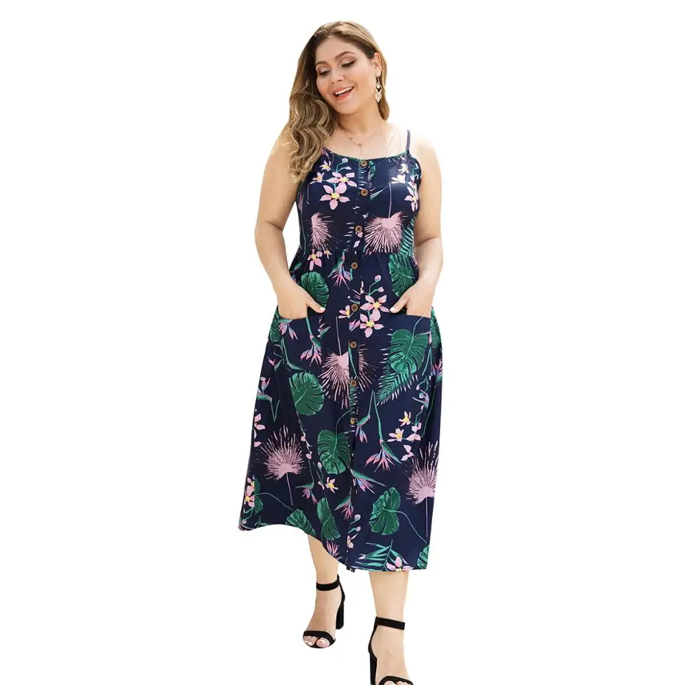 

WHZHM Summer Flower Plus Size 3XL 4XL Dress Women Floral Printed Beach Loose Casual Big Size Buttons Flower Pockets Dress Femme