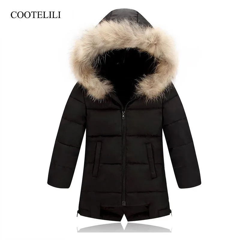 

COOTELILI Children Winter Duck Down Girls Thickening Warm Down Jackets Boys long Fur Hooded Outerwear Coats Kids Down Jacket