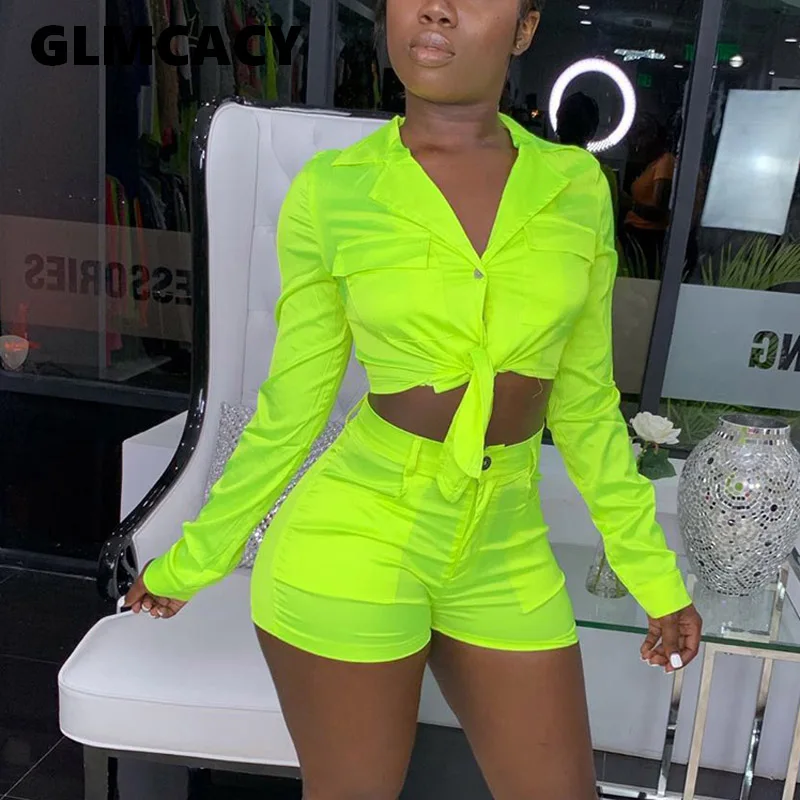 

Women 2 Pieces Tracksuits Outfits Long Sleeve Tie Front Crop Top and Shorts Sexy High Street Clubwear Summer Autumn Streetwear