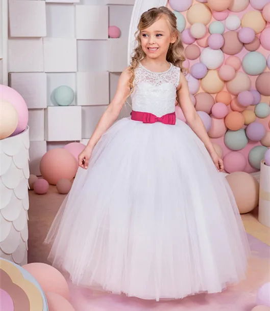 

New First Communion Dresses for Girls Belt Lace Up Appliques O-neck Formal Flower Girl Dresses Vestido Communion Longo Hot