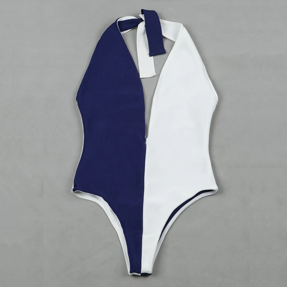2019 для женщин пикантные сине белые Лоскутная пляжные бандажный купальник без рукавов Холтер Bodycon знаменитости Вечерние боди