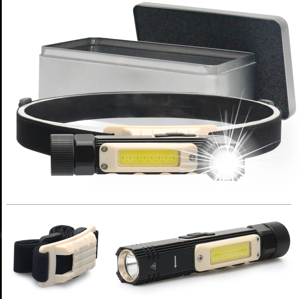 

COB+LED dual light source headlight flashlight with magnet portable work Inspection light built-in battery USB charge torch lamp
