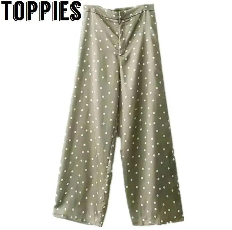 

2019 Summer New Green Polka Dots Wide Leg Pant Satin Loose Causal Trousers