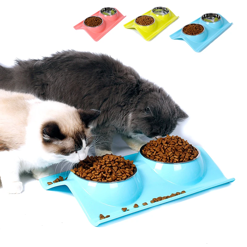 

Good Quality Brand New Stainless Steel Double Bowls For Dog Blue/pink/yellow Bowl For Cats 38cm X 25cm Leak Proof Dog Feeder