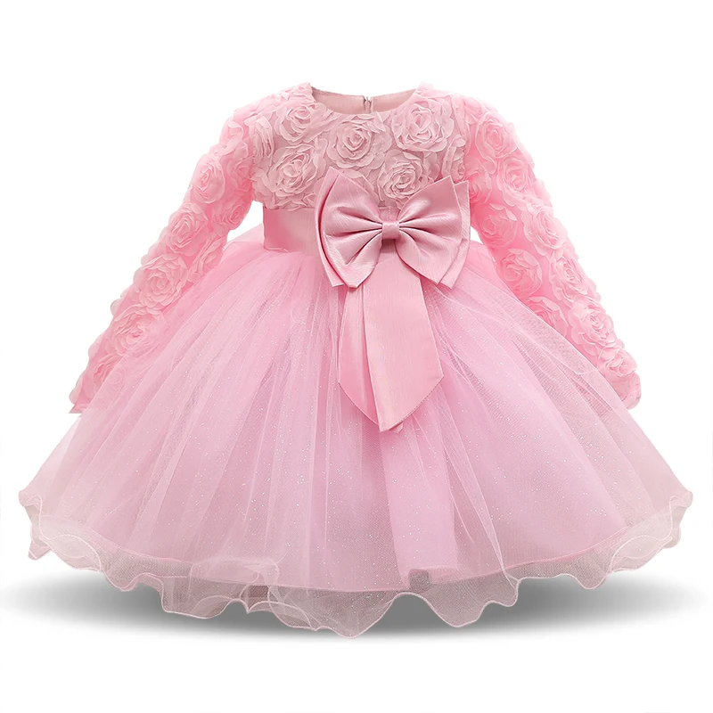 

Pink Dress For Girl Long Sleeve White Baptism Dresses Girl Baby Party Infant 1st Birthday Wear Toddler Girl Christening Gowns