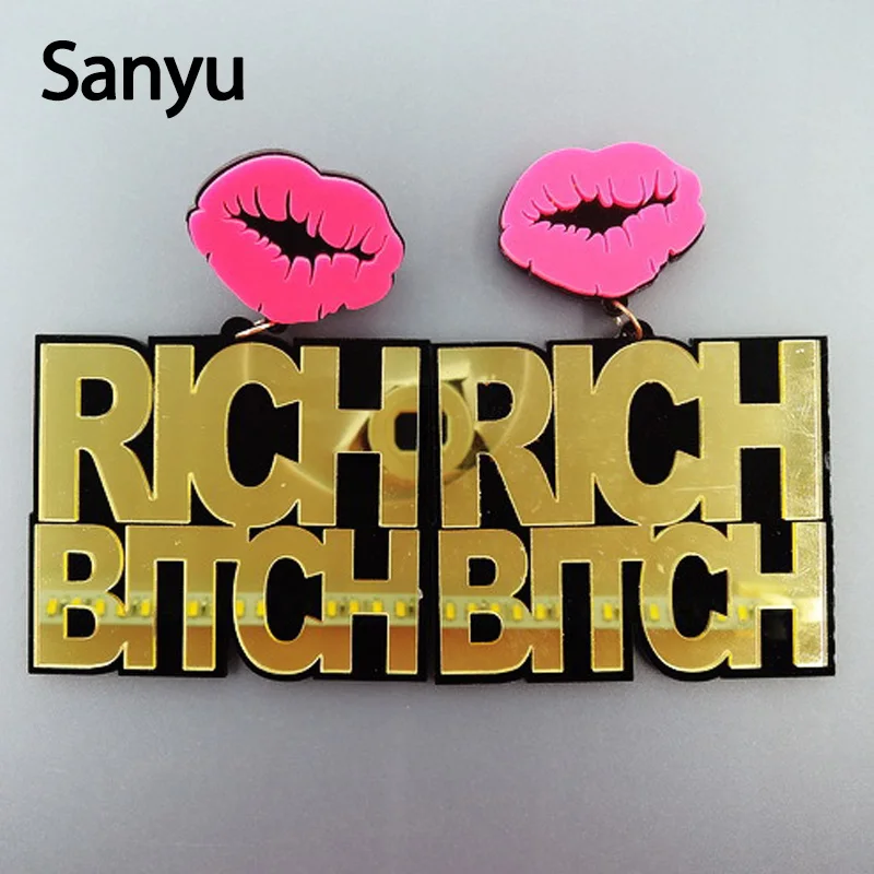

Exaggerated Cool Punk Big English Letter Gold Mirror Suraface Red Lips Acrylic Drop Earrings Fashion Female Dangle Earrings 2019
