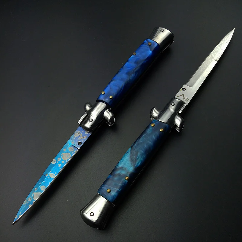 Рождественский подарок, складной нож, карманный нож, охотничий нож для путешествий, элегантный синий титановый резиновый инструмент с ручкой крестного отца на шпильке